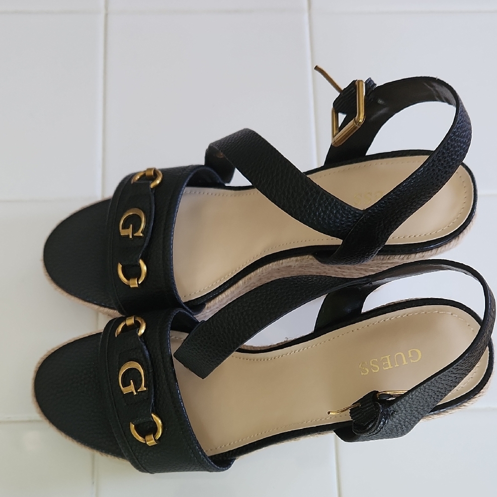 GUESS Black Sandals with Gold Accents